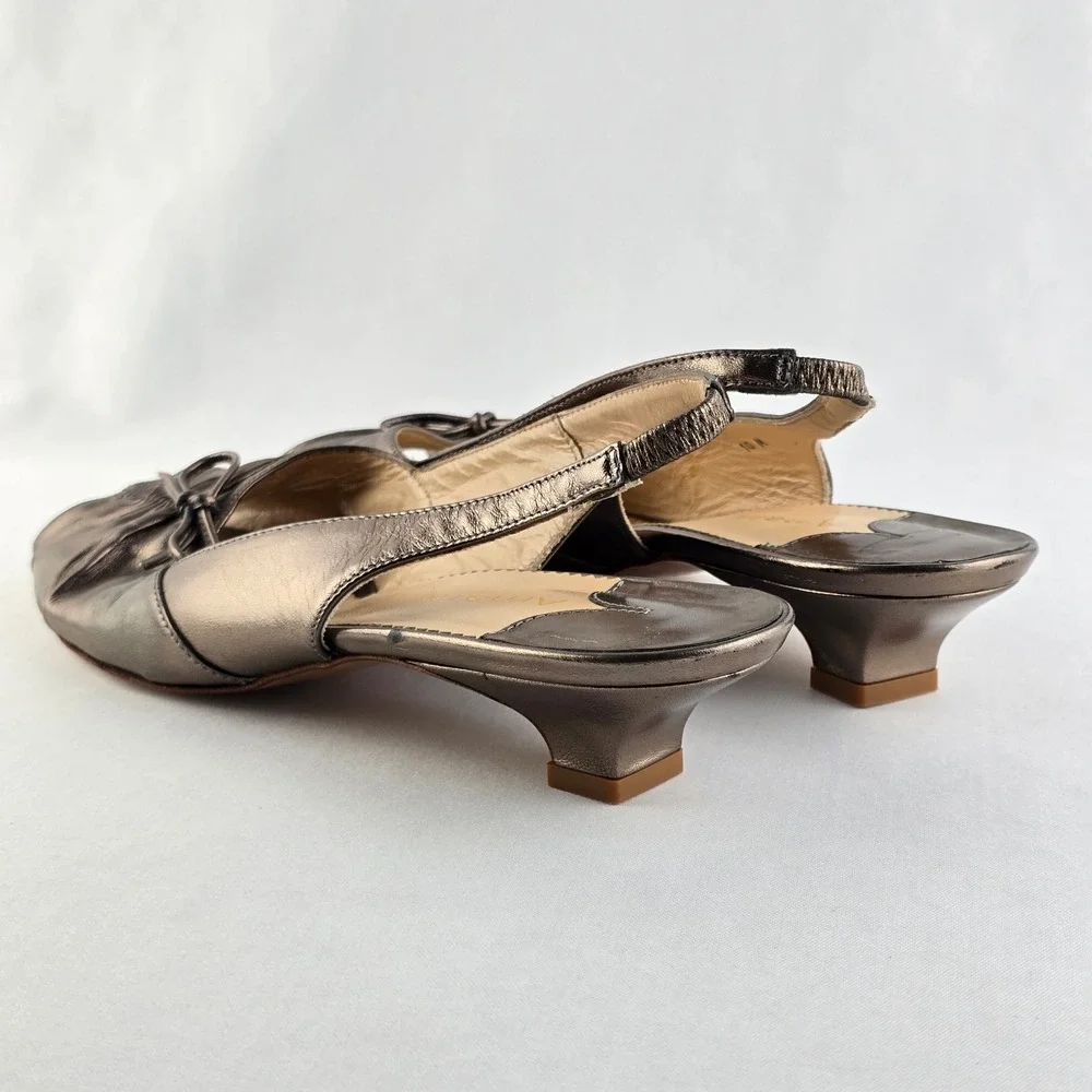 Amalfi Women's Metallic Leather Bow Peep Toe Slingback Kitten Heels Bronze 10 - Picture 4 of 16